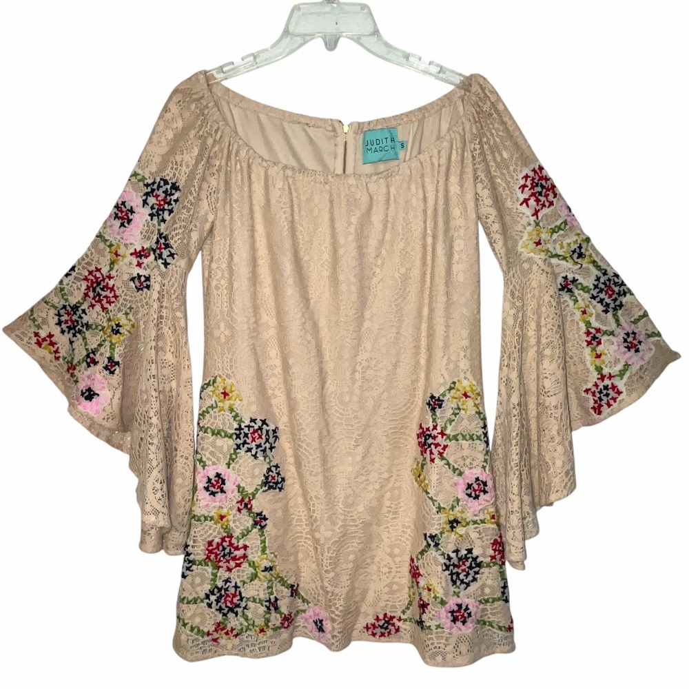 Judith March Tan Lace Embroidered Bell Sleeve Boho Dress Womens Small‎ Floral